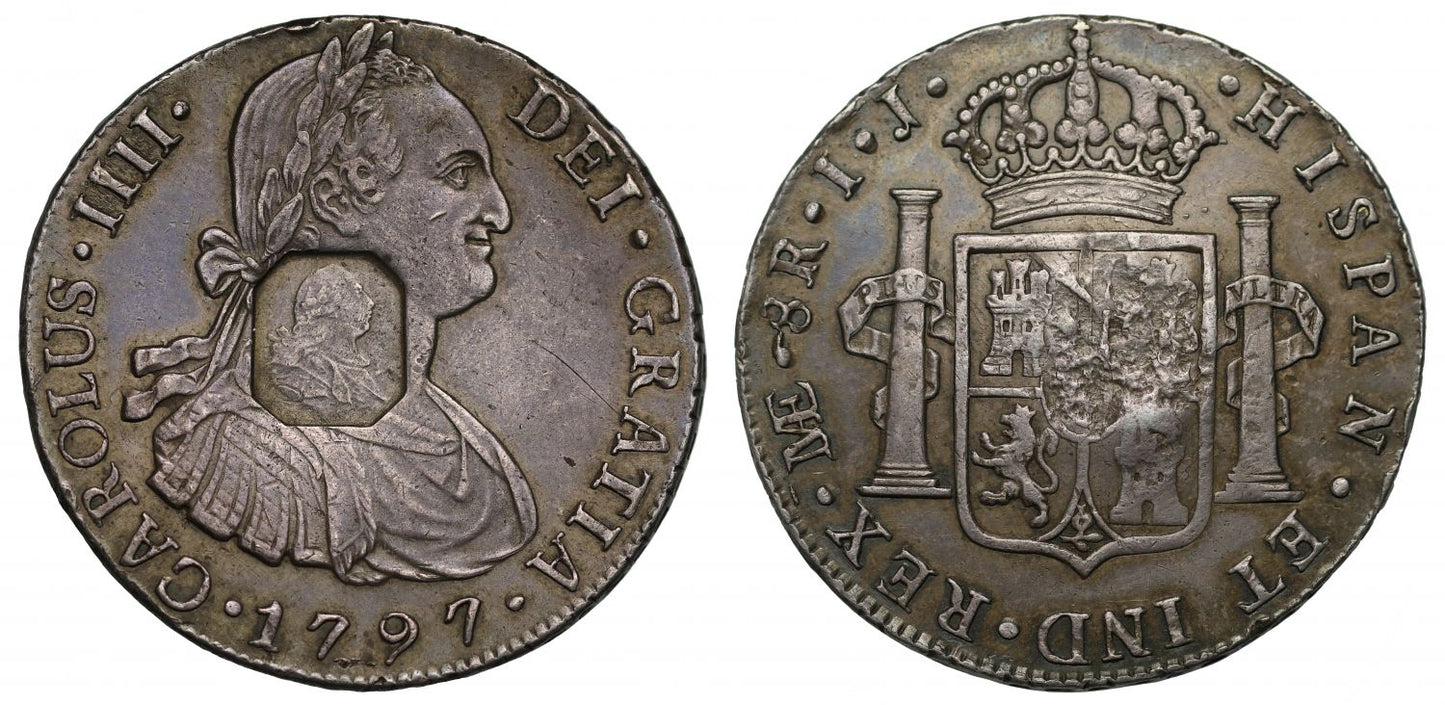 George III octagonal countermark upon Peru 1797 IJ 8-Reales, Lima mint