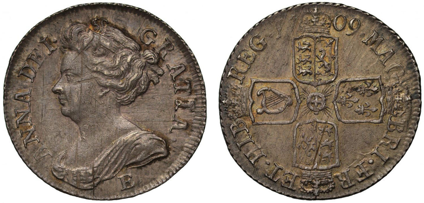 Anne 1709 E Shilling Edinburgh Mint, Edinburgh styled bust