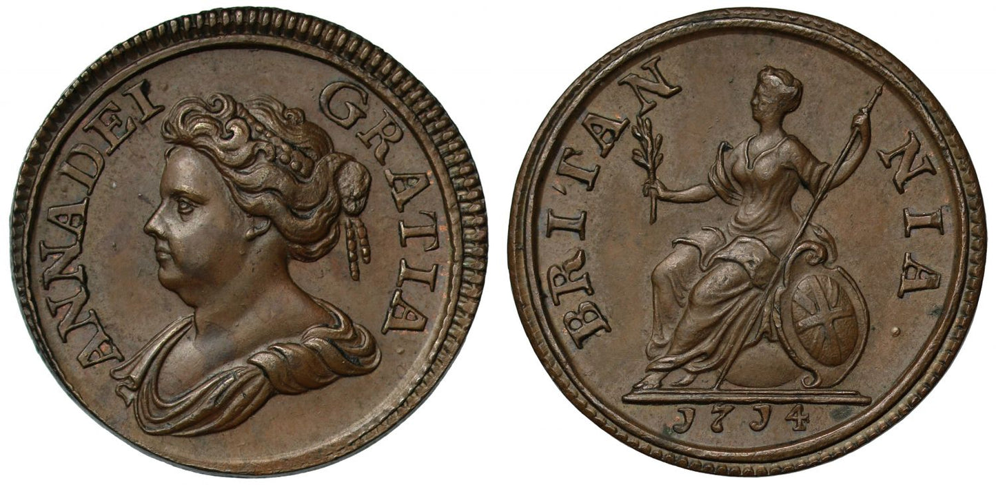 Anne 1714 copper Farthing, Peck 742 2+E, MS63 BN