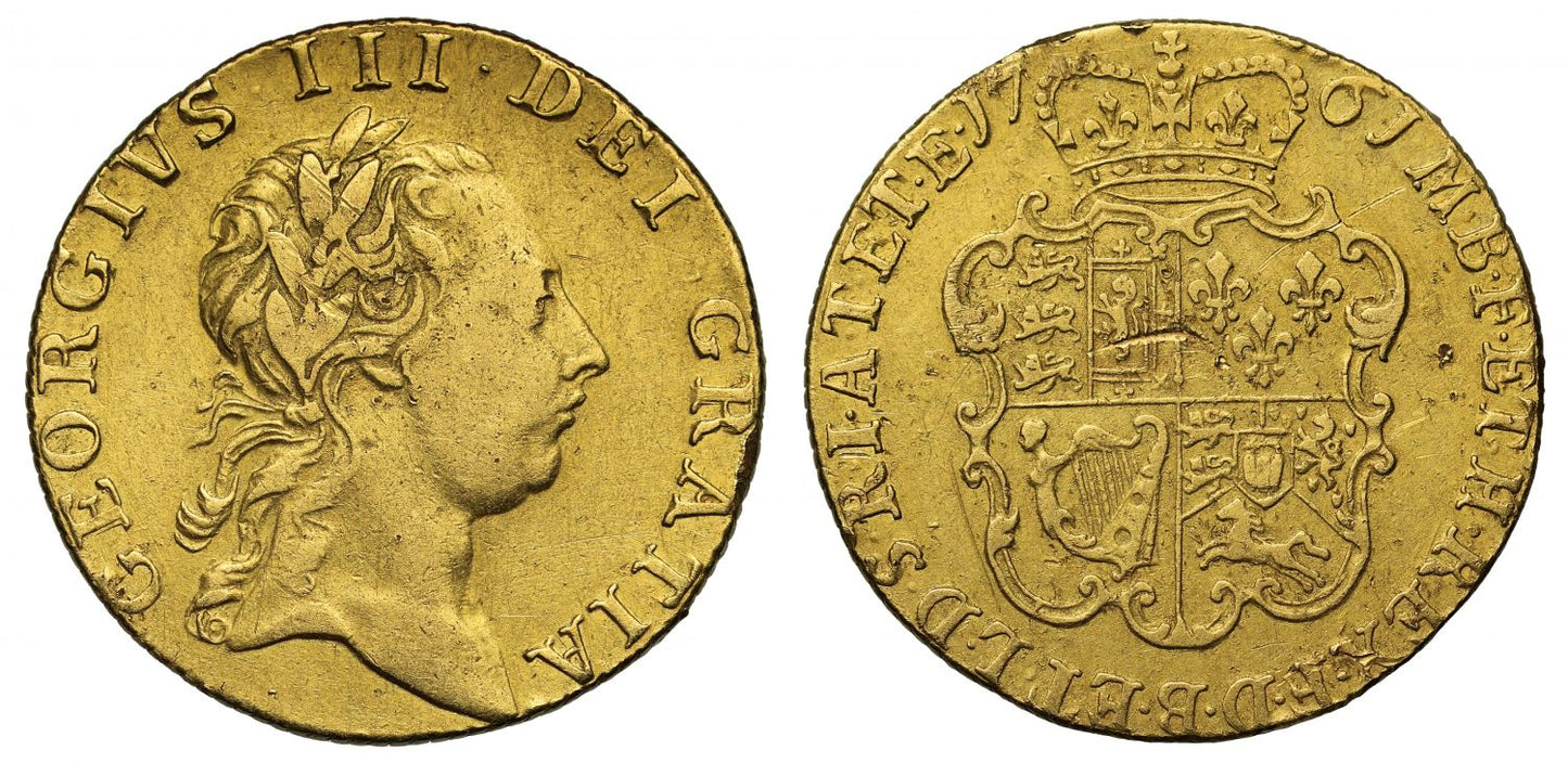 George III 1761 Guinea, first bust, two leaf top, first year, very rare