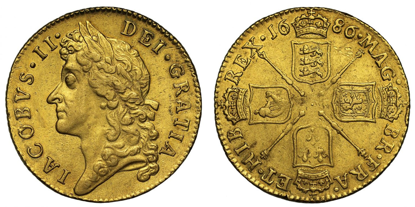 James II 1686 Guinea, second bust, scarce date