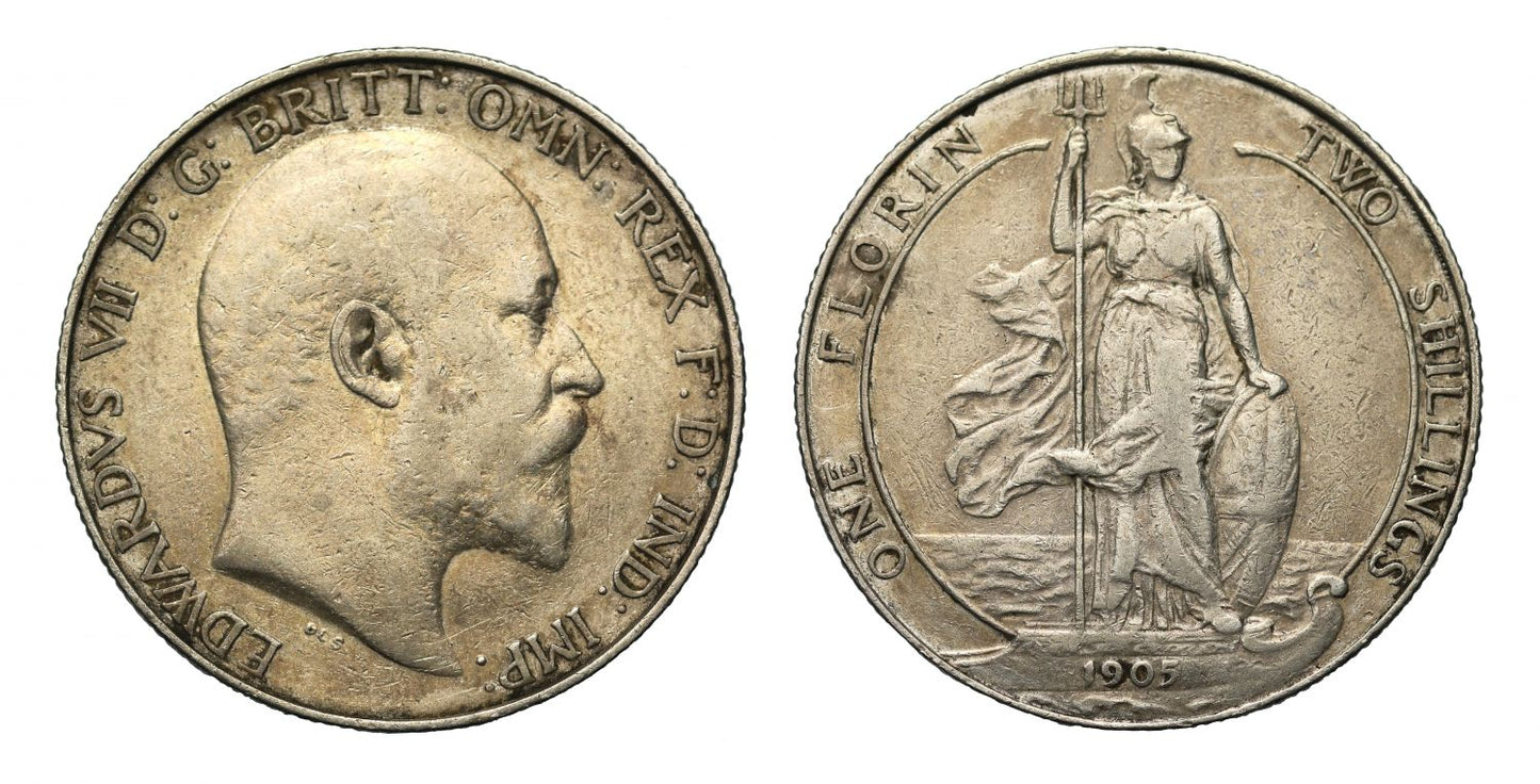 Edward VII 1905 Florin, rarest date, standing Britannia reverse