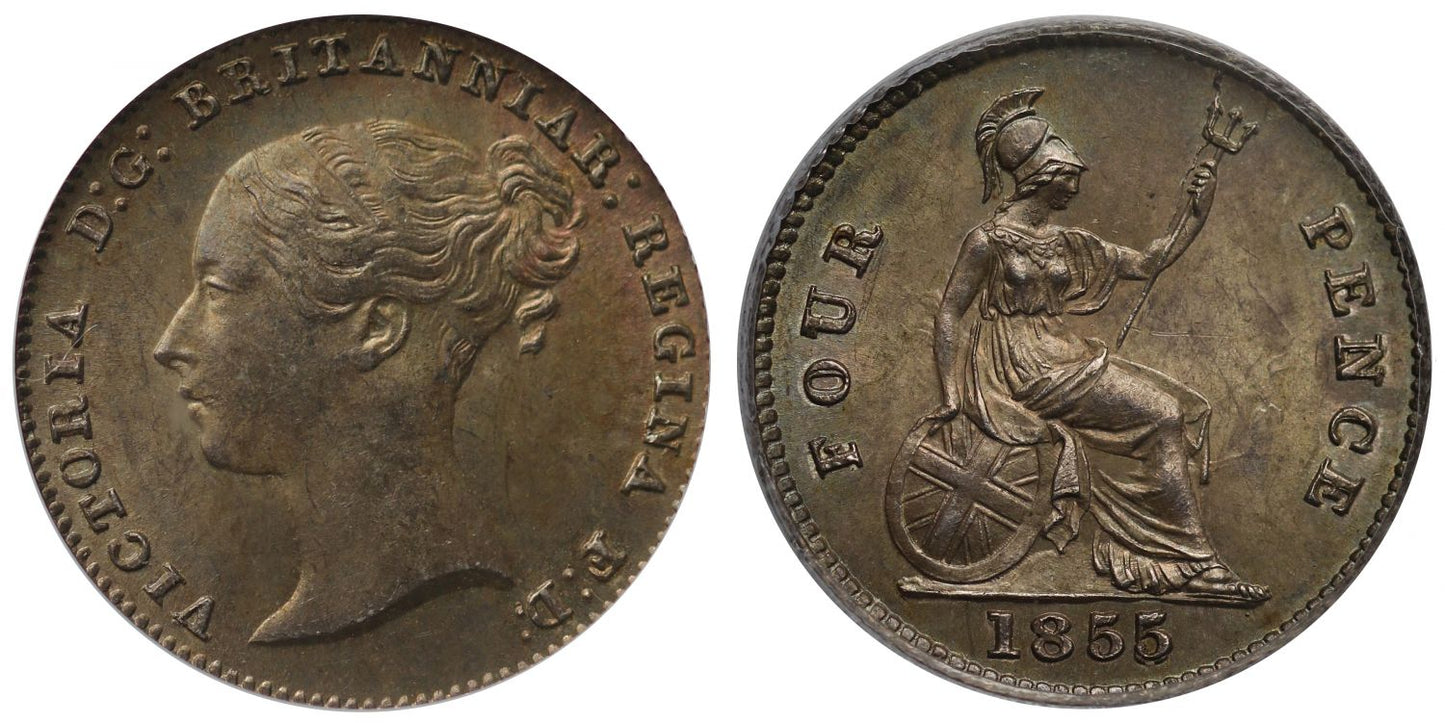 Victoria 1855 Groat with 5 over 5 or 3, CGS UNC 82