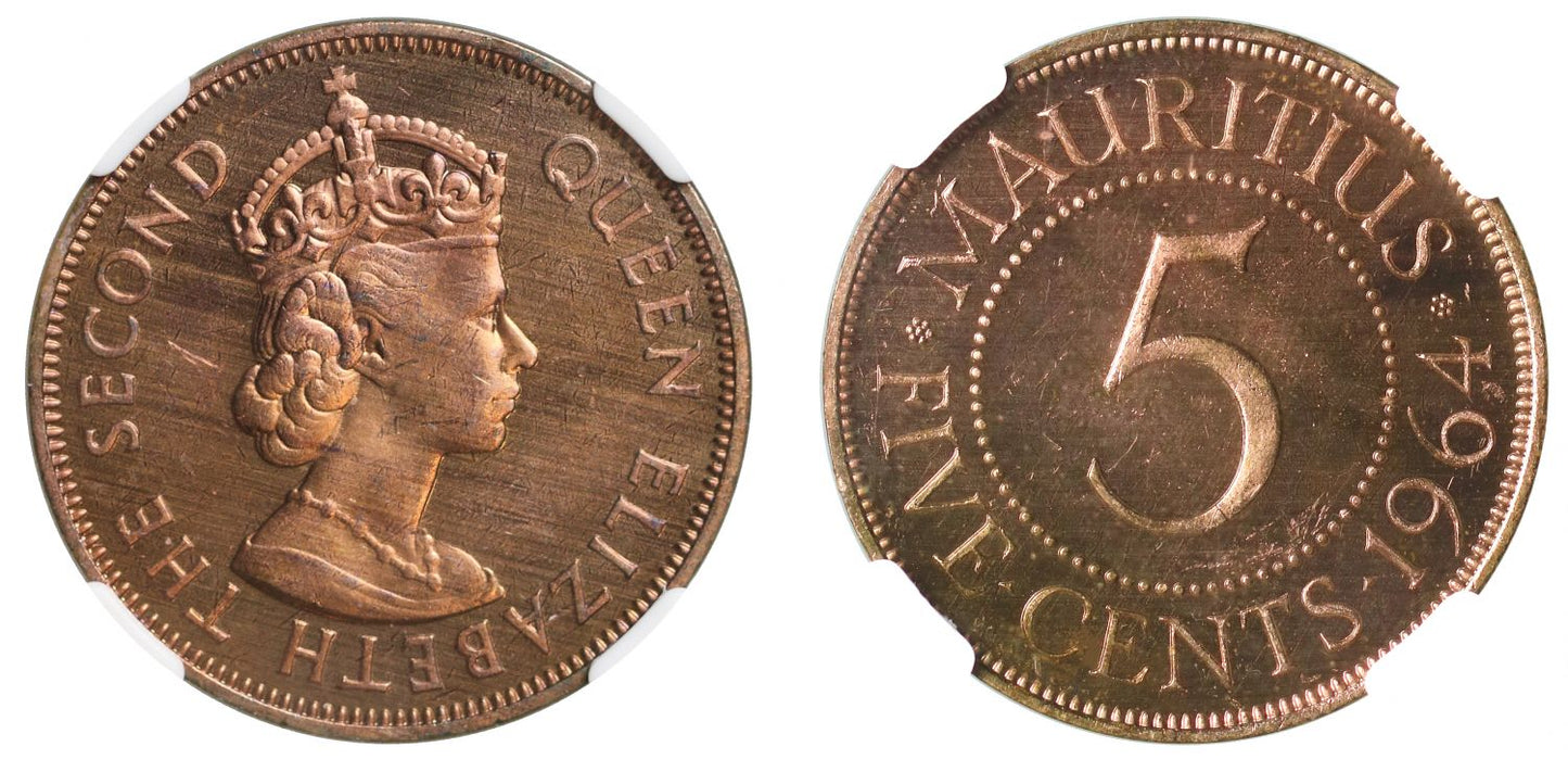 Mauritius, copper Proof 5-Cents, 1964, PF64 RD