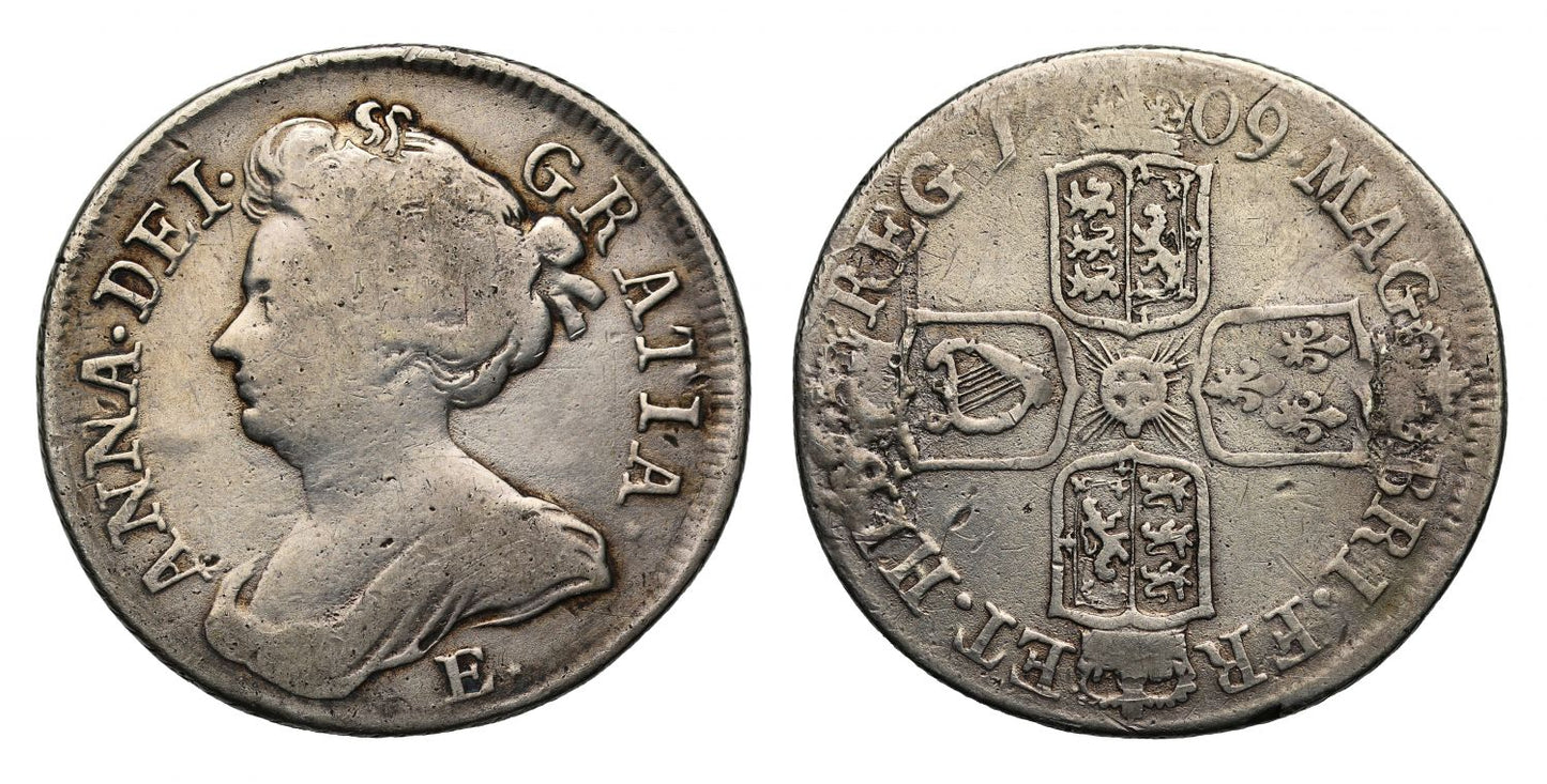 Anne 1709 E* Shilling, struck at Edinburgh, Scotland, local die variety
