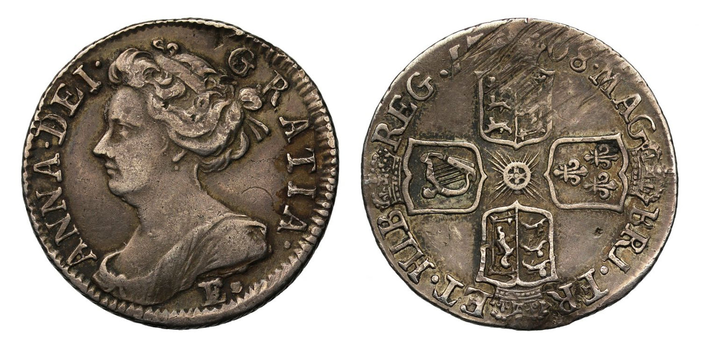 Anne 1708 E* Sixpence, Edinburgh Mint, local reverse die