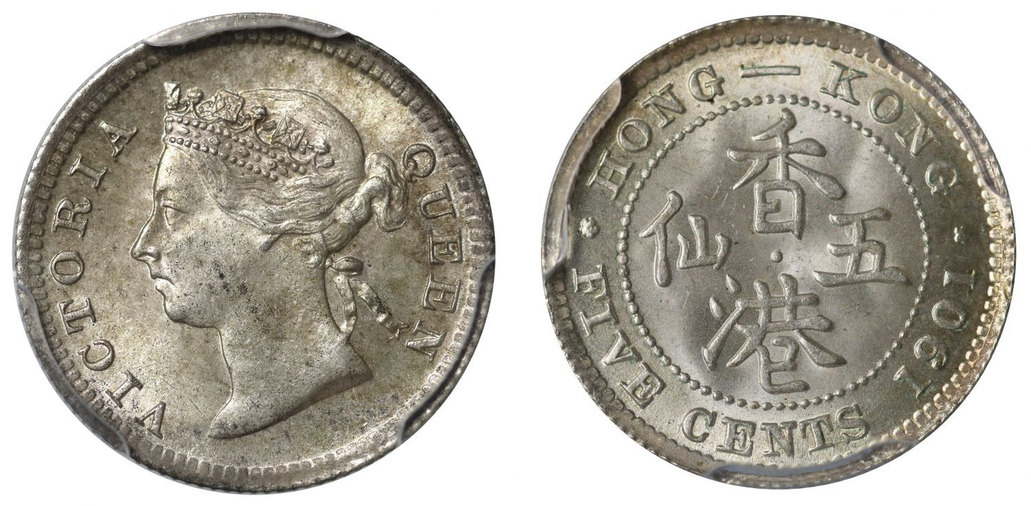 MS65, Hong Kong 5-Cents, 1901.