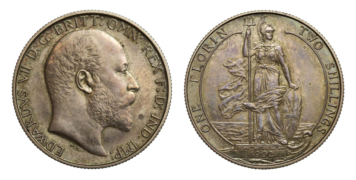 Edward VII 1902 Florin, Britannia standing design by De Saulles
