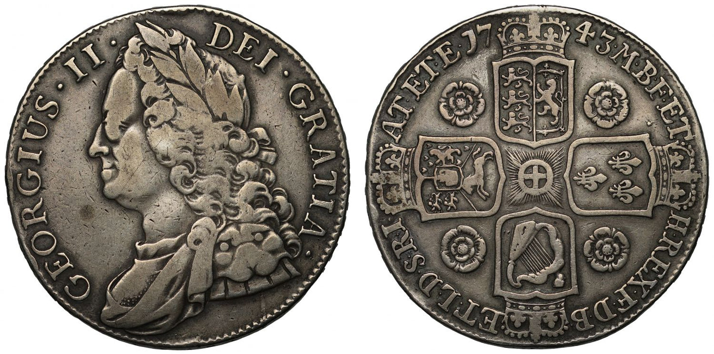 George II 1743 Crown, roses reverse, old head, metal derived from English silver