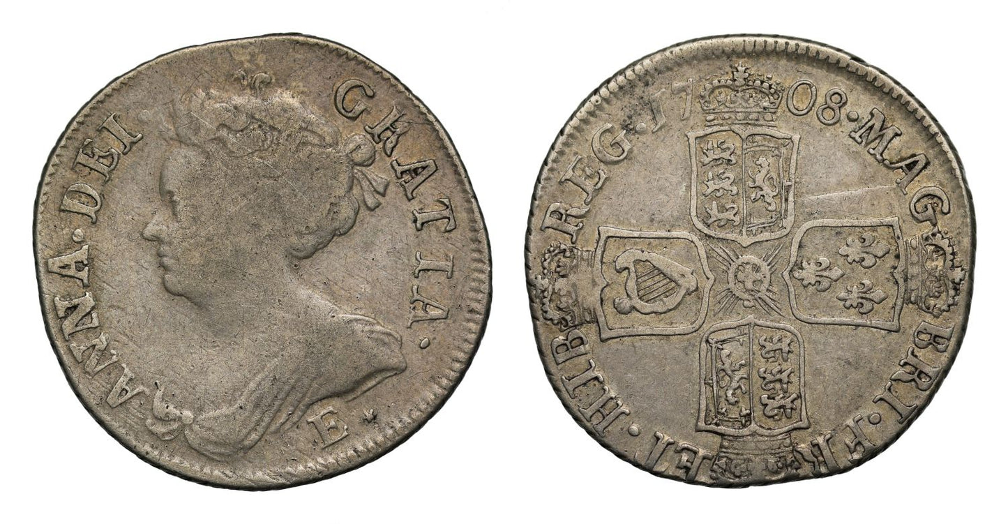 Anne 1708 E* Shilling, second bust