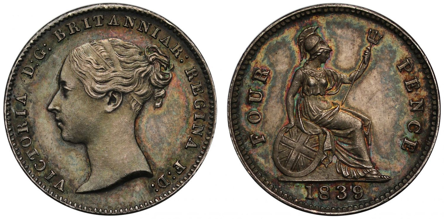 Victoria 1839 proof Groat plain edge upright die axis, as issued in the proof set