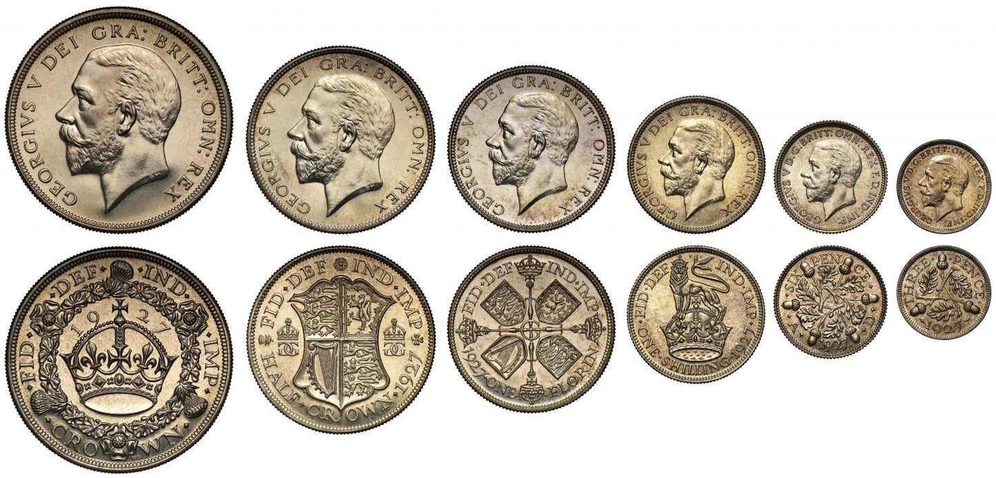 George V 1927 cased silver proof Set of the new coinage, six coins