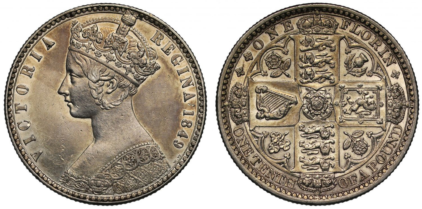 Victoria 1849 silver Florin, Godless type, W W clear behind bust