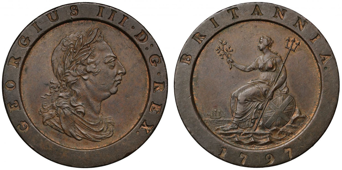 George III 1797 cartwheel Twopence, Soho Mint, largest copper coin issued