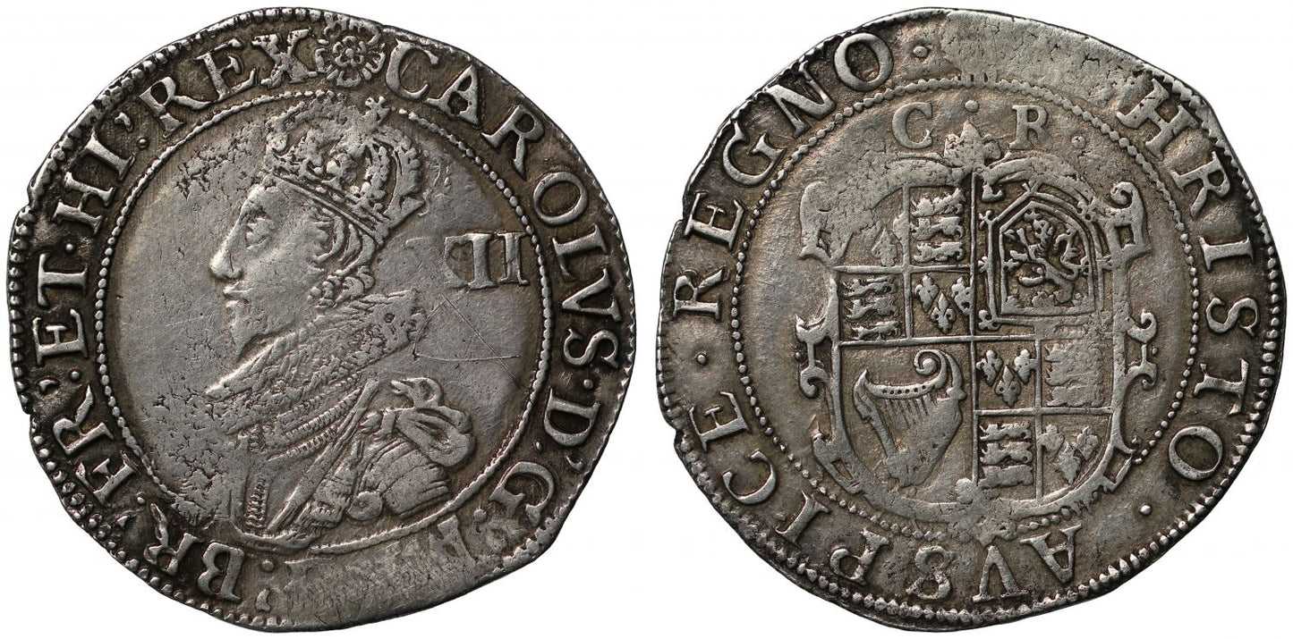 Charles I Shilling, Tower Mint, group C, type 2a, mint mark rose, Sharp C2/1