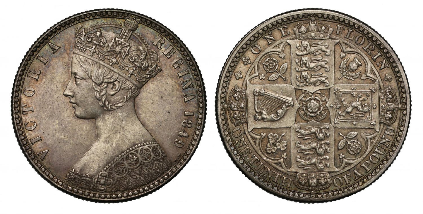 Victoria 1849 Godless Florin, WW clear behind bust