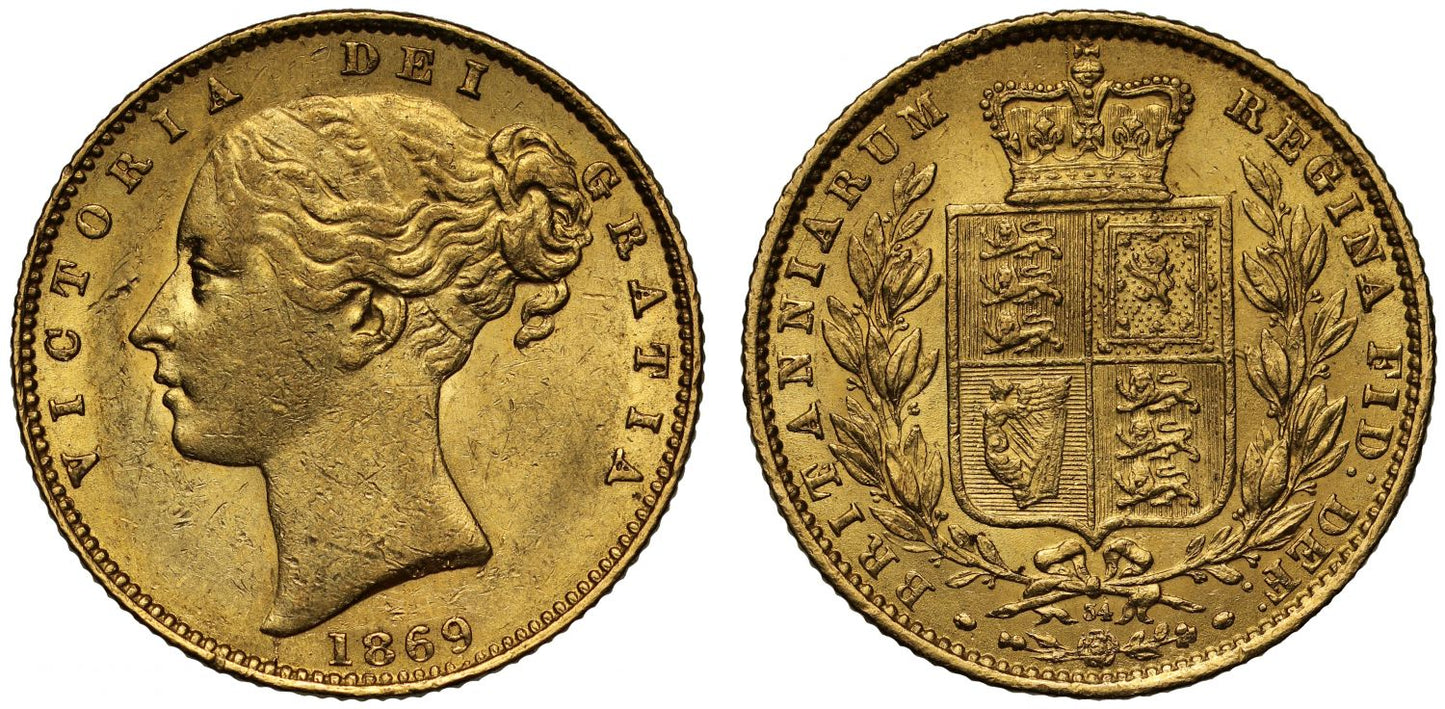 Victoria 1869 Sovereign, die number 34, struck from silver alloyed yellow gold