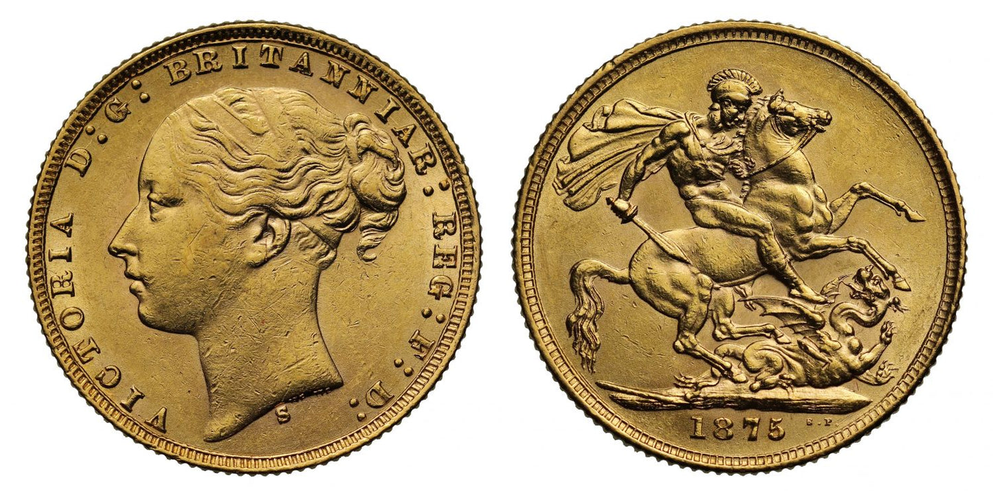 Victoria 1875 S, gold Sovereign, Sydney Mint, St George reverse