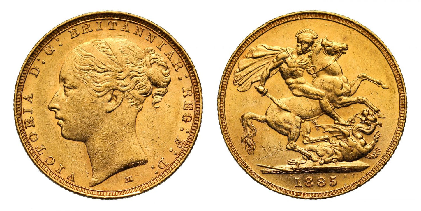 Victoria 1885 M Sovereign, WW complete, St George reverse, short tail