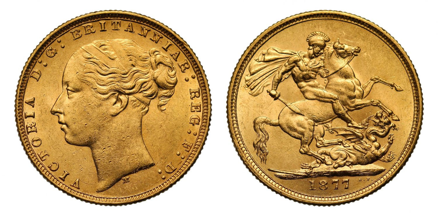 Victoria 1877 M Sovereign, WW complete, St George reverse, long tail