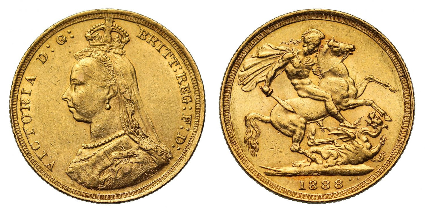 Victoria 1888 S Sovereign first legend; G: further from crown