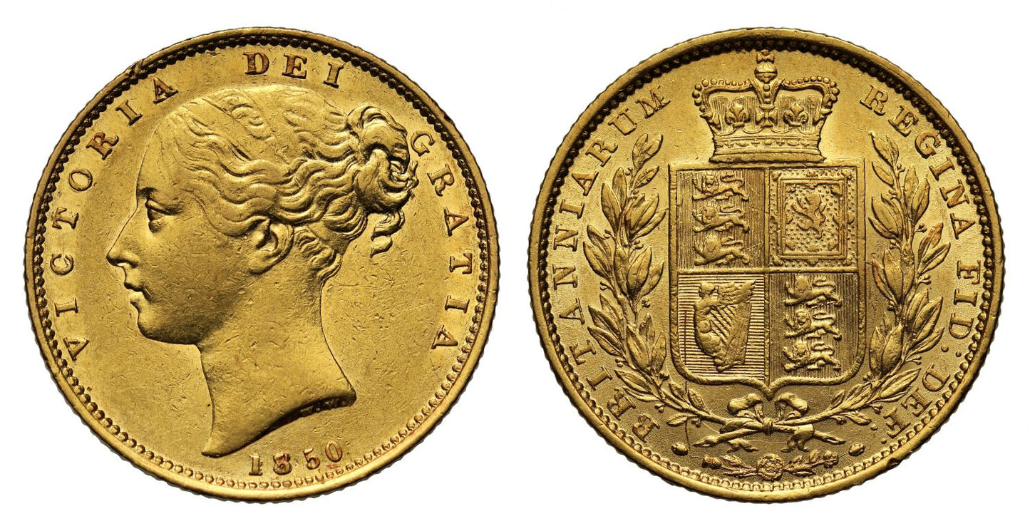 Victoria 1850 Sovereign, 8 with 5 struck over it, Ex Bentley lot 986, extremely rare