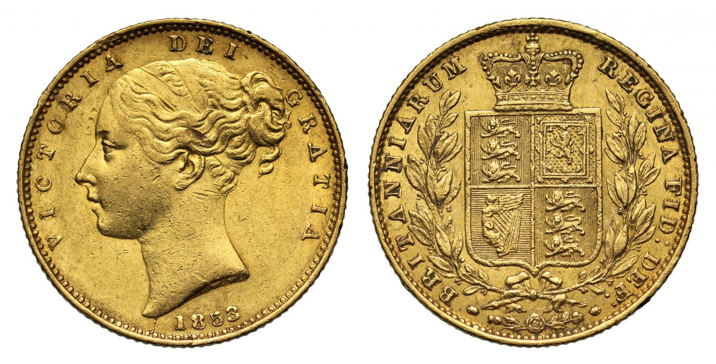 Victoria 1853 Sovereign, with 3 struck over a 5. Ex Bentley lot 991