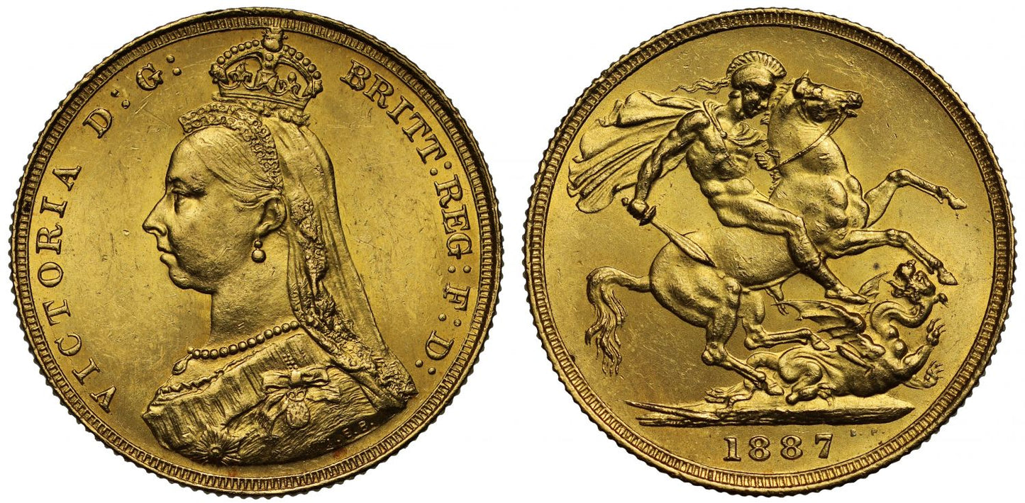 Victoria 1887 Jubilee head Sovereign, imperfect IEB, Golden Jubilee issue London