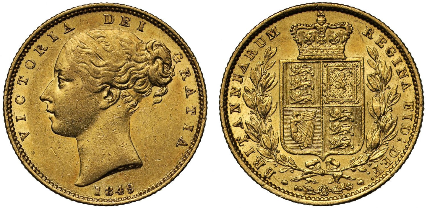Victoria 1849 Sovereign, shield reverse, second young head