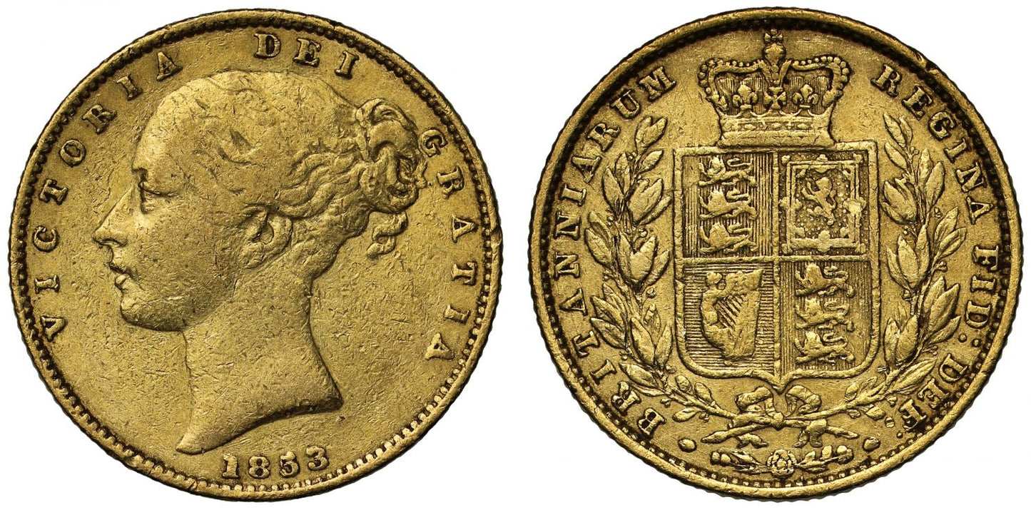 Victoria 1853 Sovereign, WW incuse on truncation of second young head, rare