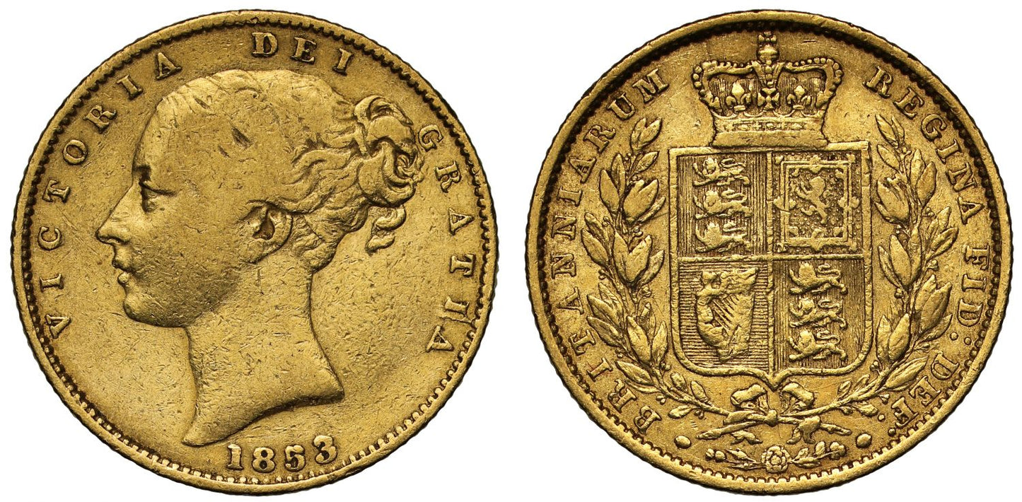 Victoria 1853 Sovereign, with WW incuse on truncation of second head very rare