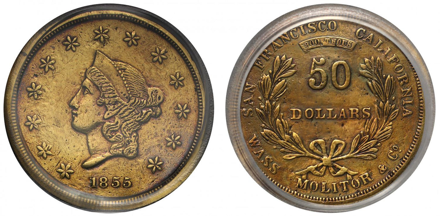 USA, California 1855 Wass, Molitor & Co. gold $50 VF DETAILS