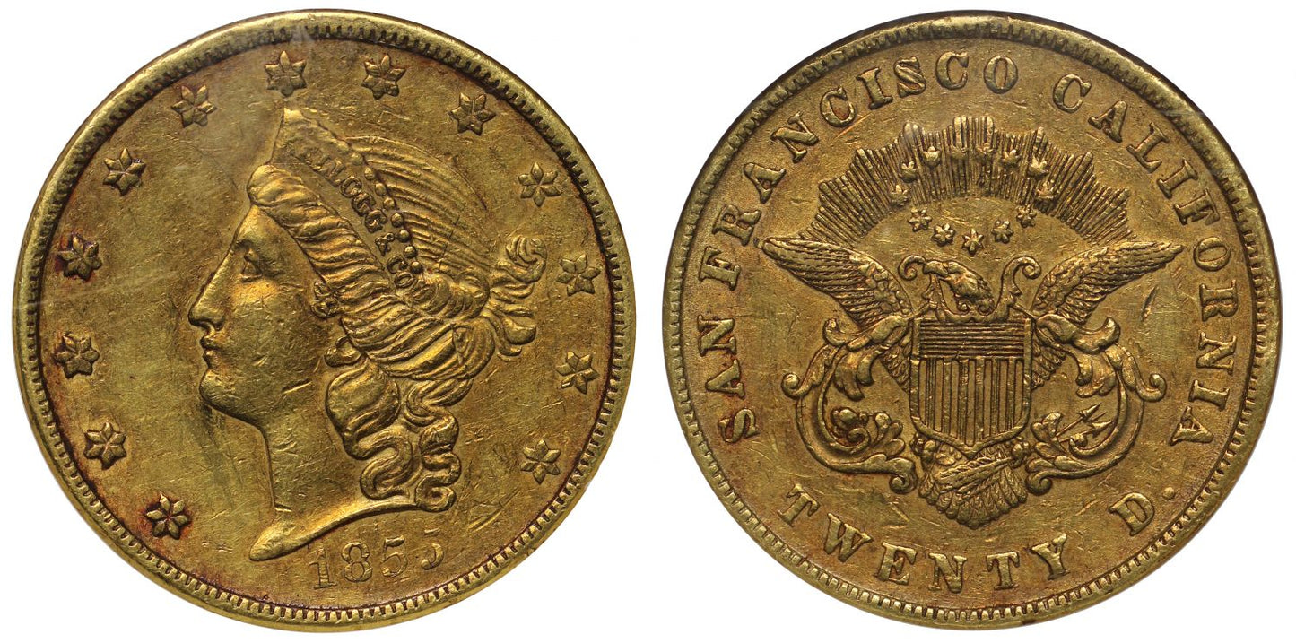 USA, California 1855 Kellogg & Co. gold $20 AU53