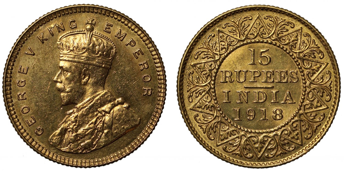 British India, gold 15-Rupees, 1918.