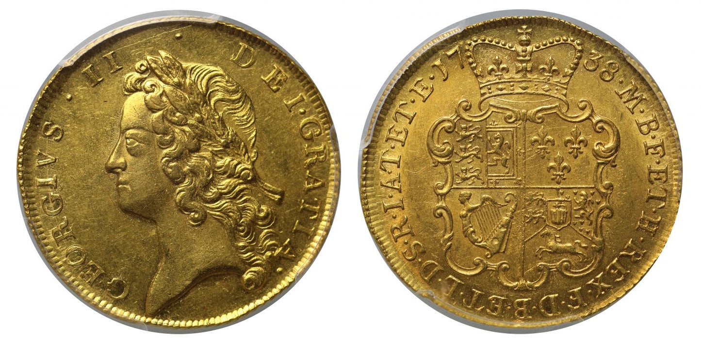 George II 1738 Two-Guineas, obv. 3 / rev. 3 AU58