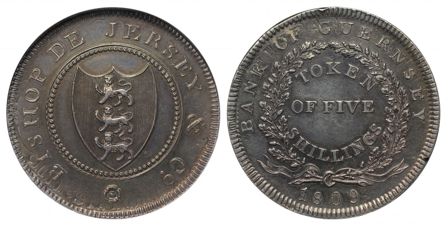 Guernsey, Channel Islands, Bishop de Jersey & Co. 1809 Five-Shillings AU58