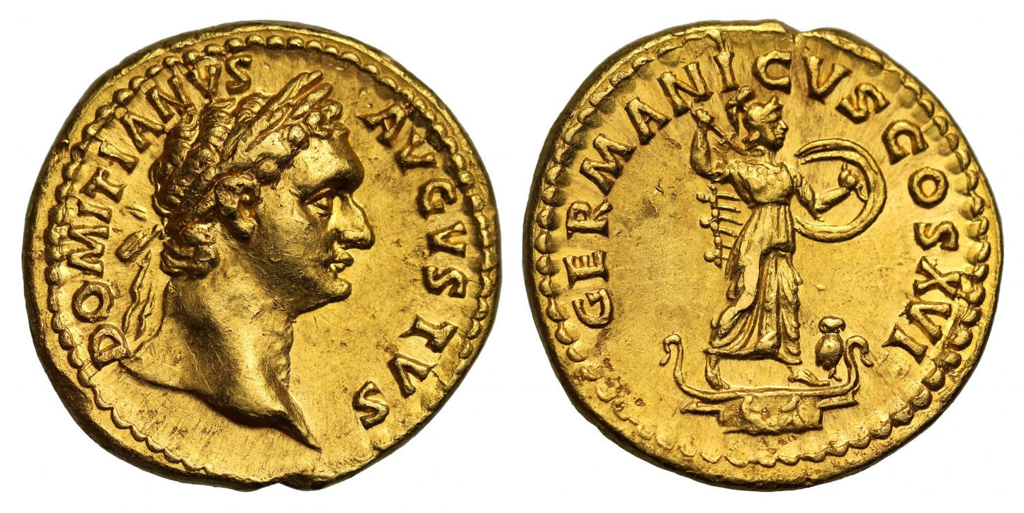 Domitian, gold Aureus, Rome, Ch AU 5/5 3/5, ex Aurora