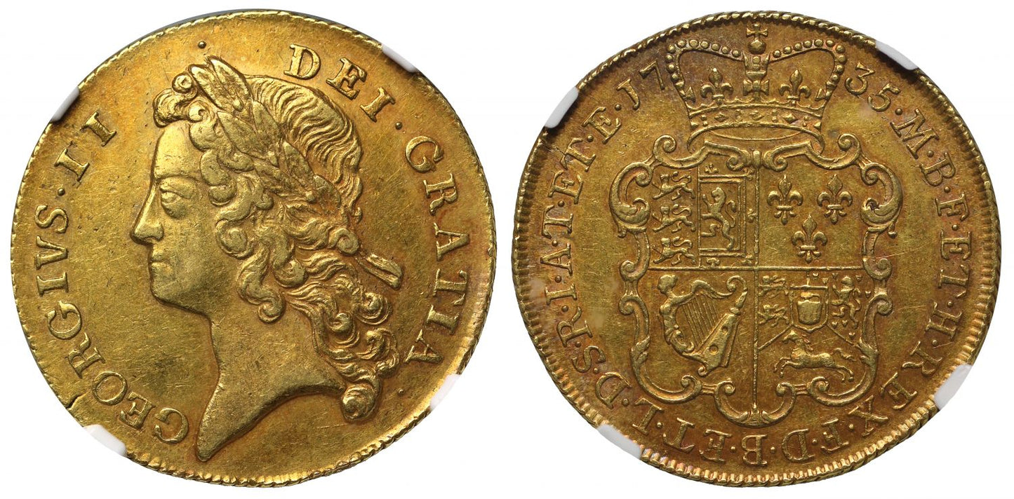 George II 1735 Two-Guineas, obv.2 / rev.2, rare date, AU55