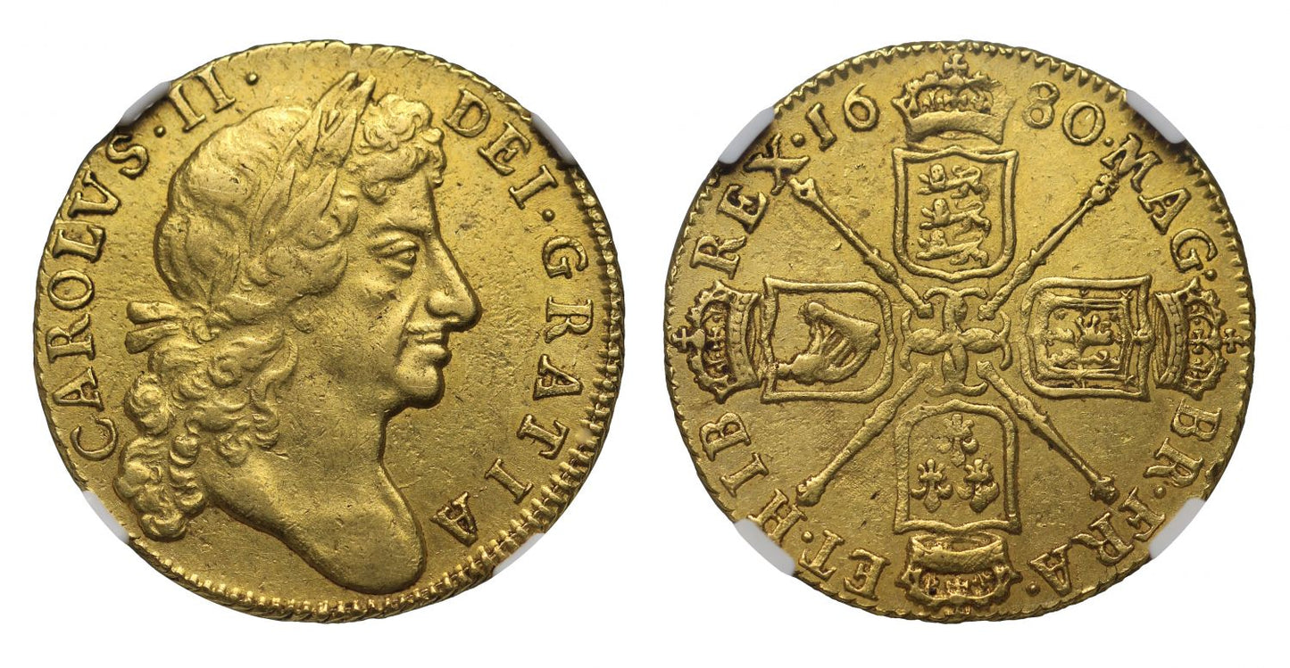 Charles II 1680 Guinea, fourth bust, AU55