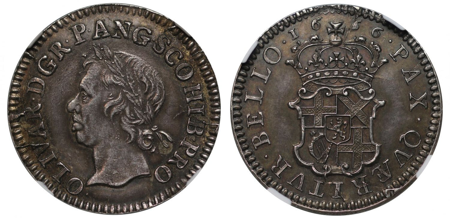 Oliver Cromwell 1656 silver pattern Half-Broad, MS62, only example available, ex Preston, Murdoch, Hamilton-Smith, Warner, Ockendon, Southern, Druck and Rosen