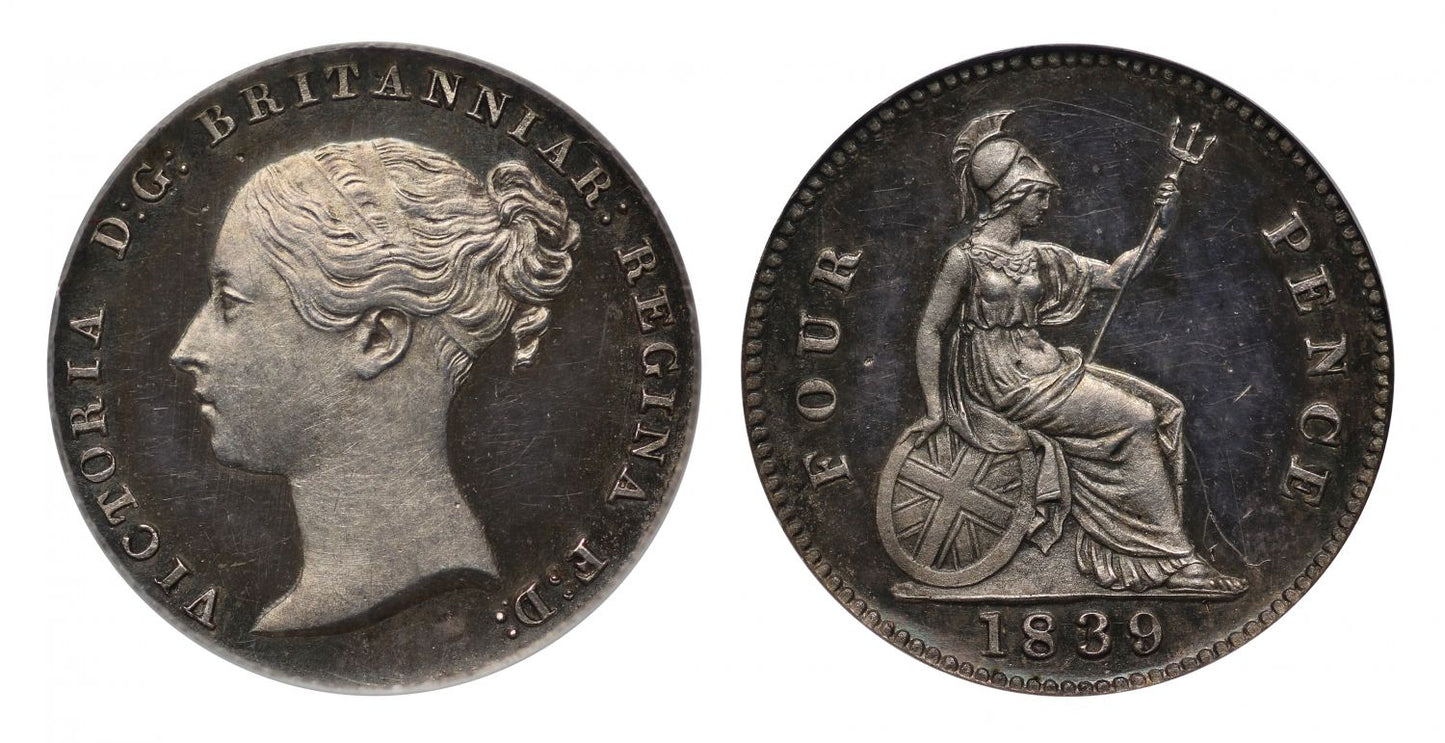 Victoria 1839 proof Groat plain edge, rarity 2 CGS UNC 85, as issued in proof set