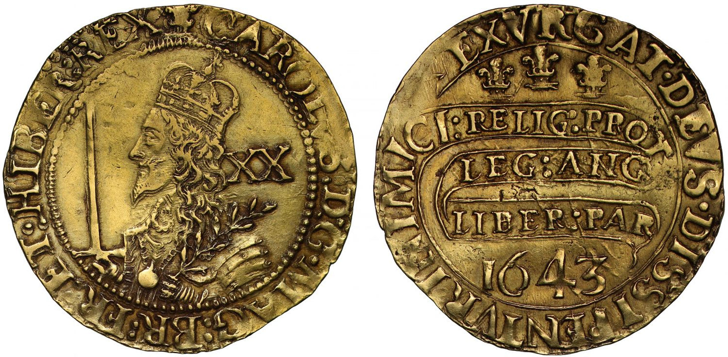Charles I 1643 Unite of Twenty Shillings Oxford Mint, die combination VIII/12