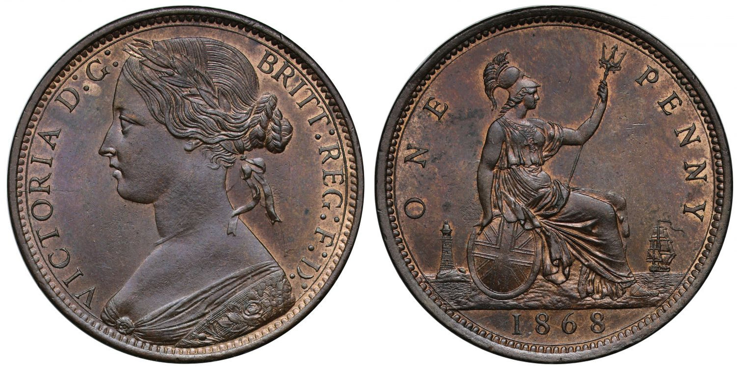 Victoria 1868 bronze Penny "bun" head type, Freeman dies 6+G