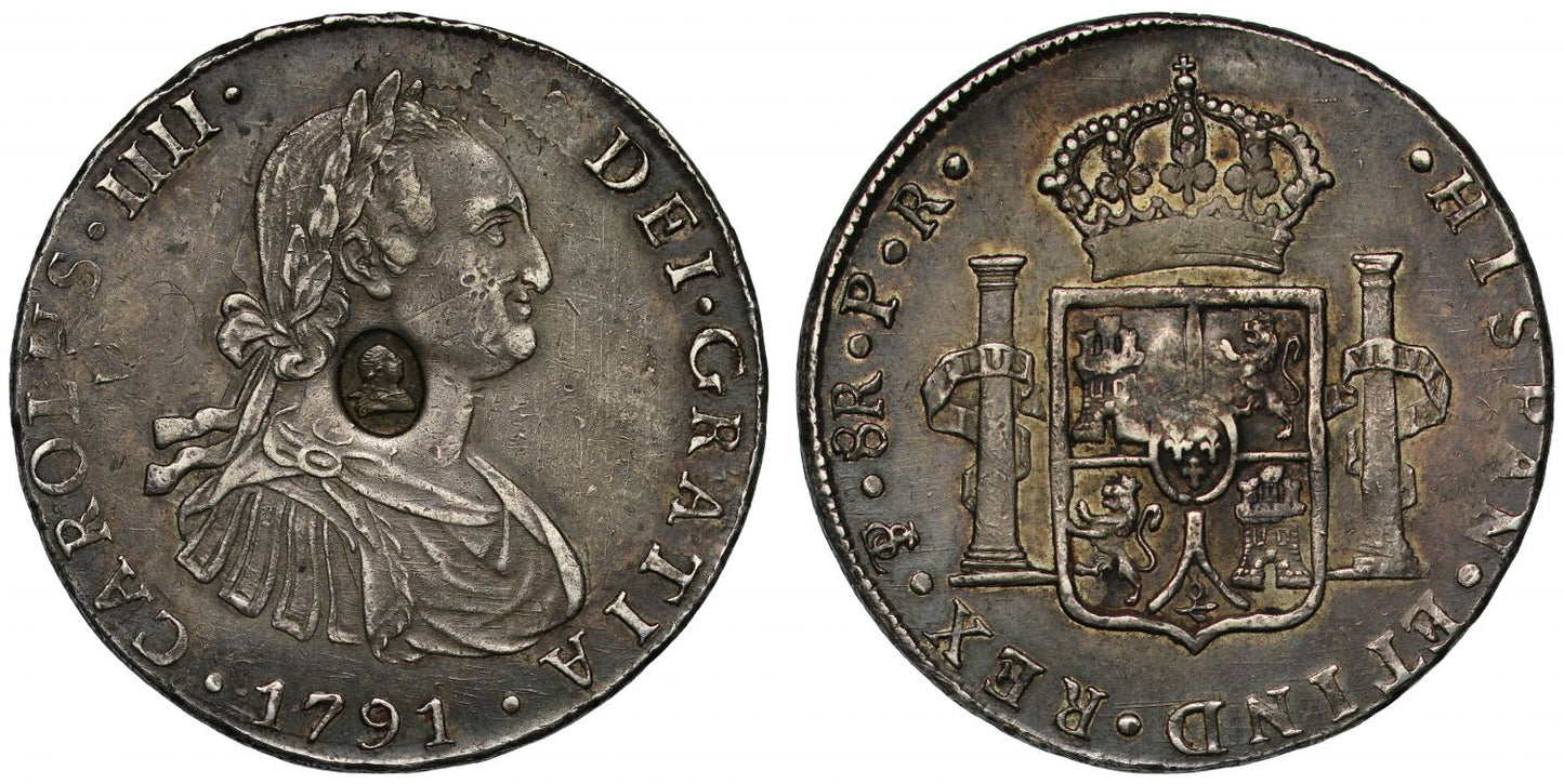 George III oval countermark on Bolivia 1791 PR Potosi 8-Reales, NGC XF45