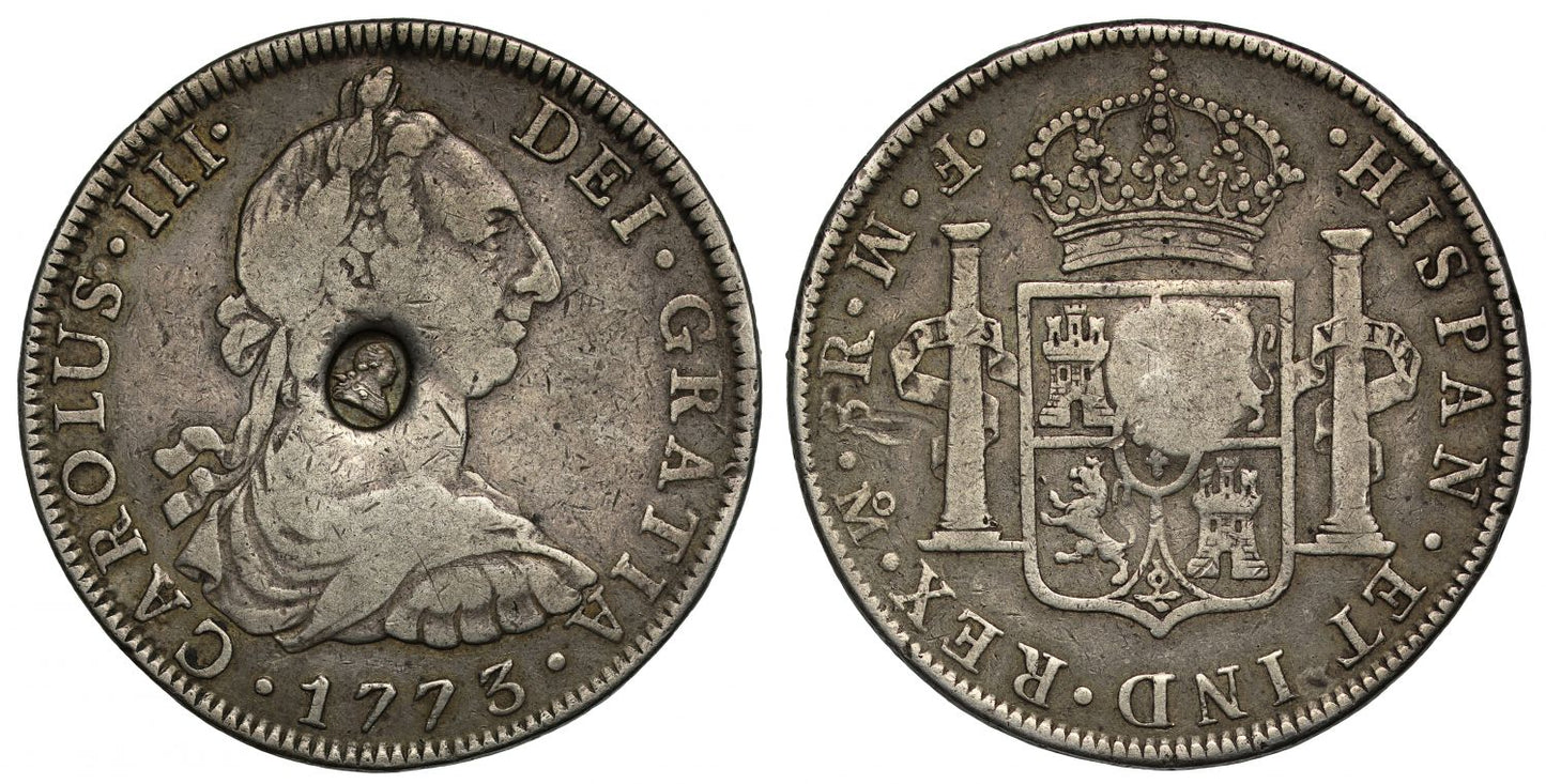 George III oval countermark on Mexico 1773 FM 8-Reales, FM inverted, rare