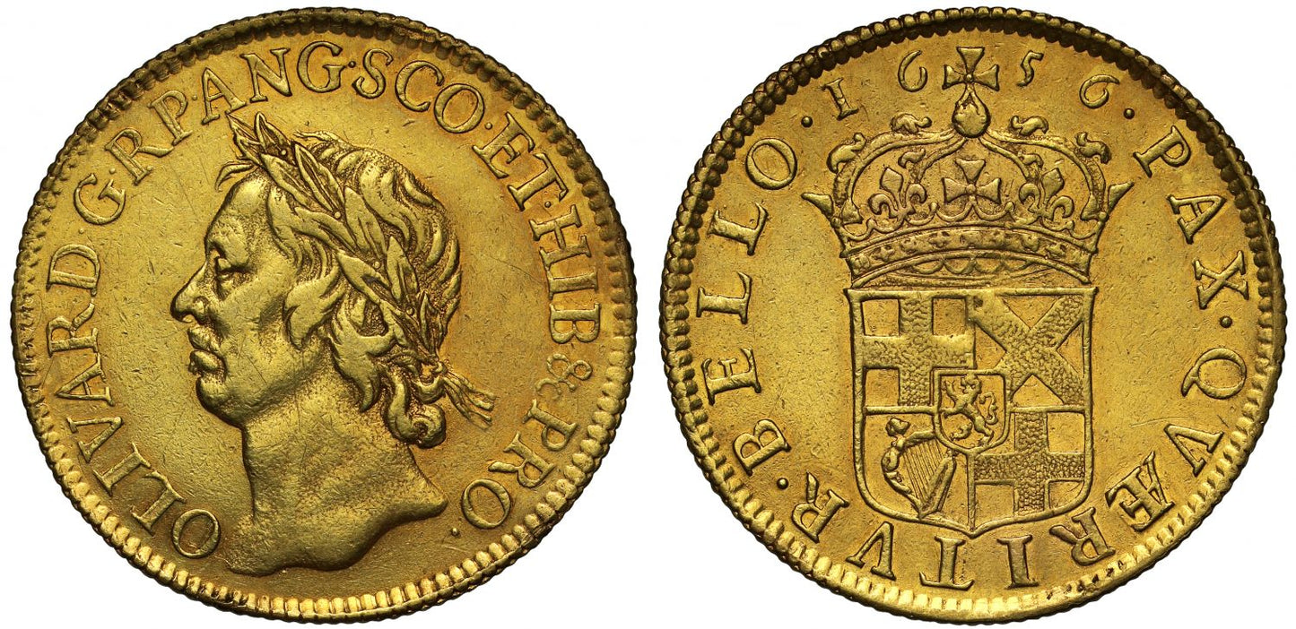 Oliver Cromwell 1656 Broad of Twenty Shillings, engraved by Thomas Simon