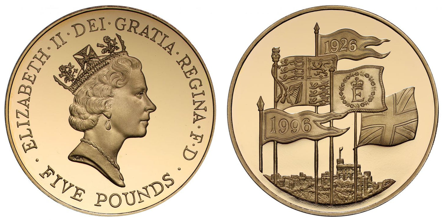 Elizabeth II 1996 proof Five-Pounds PF69 ULTRA CAMEO Queen's 70th Birthday