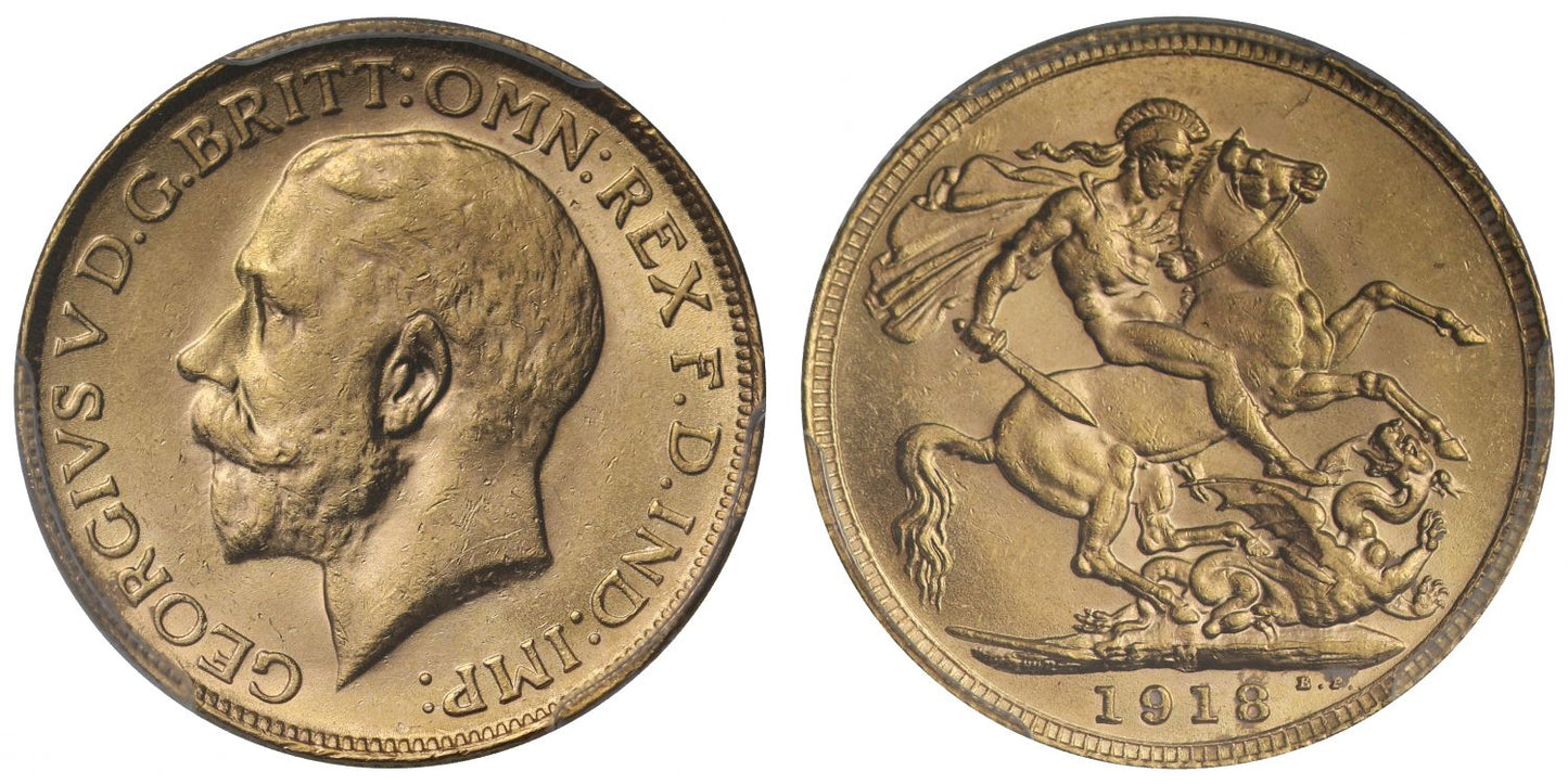 George V 1918-M Sovereign, Melbourne mint, MS63