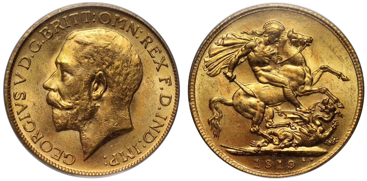 George V 1919-C Sovereign Ottawa mint MS62