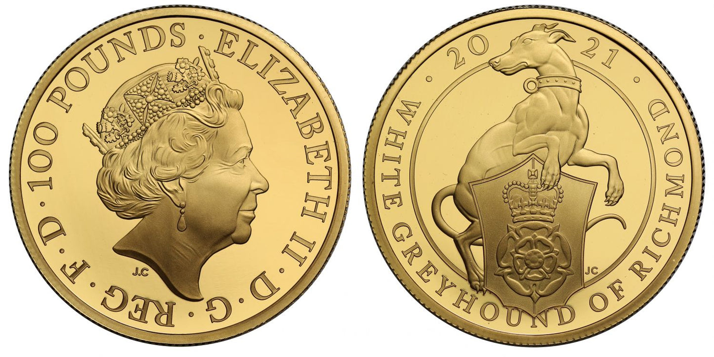 * Elizabeth II 2021 PF70 UCAM FR gold One Ounce White Greyhound Queen’s Beast